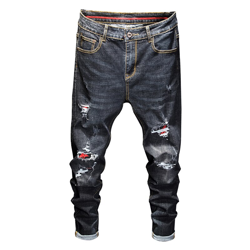 Stretch Slim Men's Grey Jeans Punk Hole Red Patch Pants Ripped Skinny Tore Up Jeans for Men Ankle Pants Streetwear