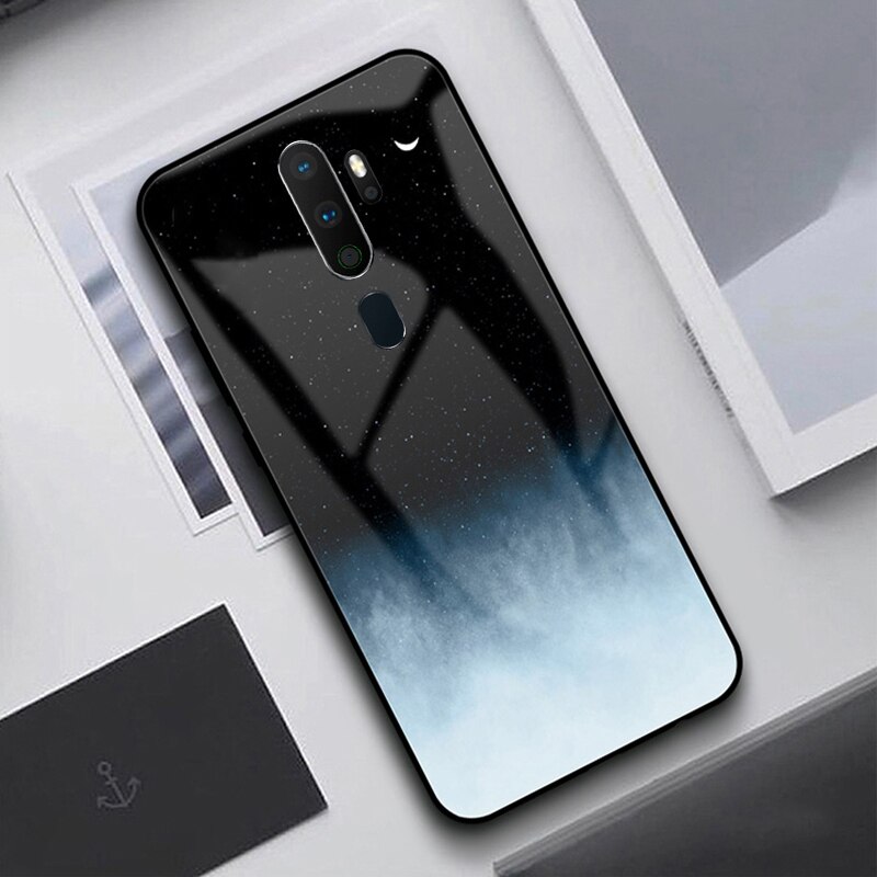 GFATIH Für OPPO A9 Fall Feder Print Starry Sky Gehärtetem Glas Telefon Fall Für Oppo A5 Abdeckung funda: OPPO A9 2020 / Pattern 1