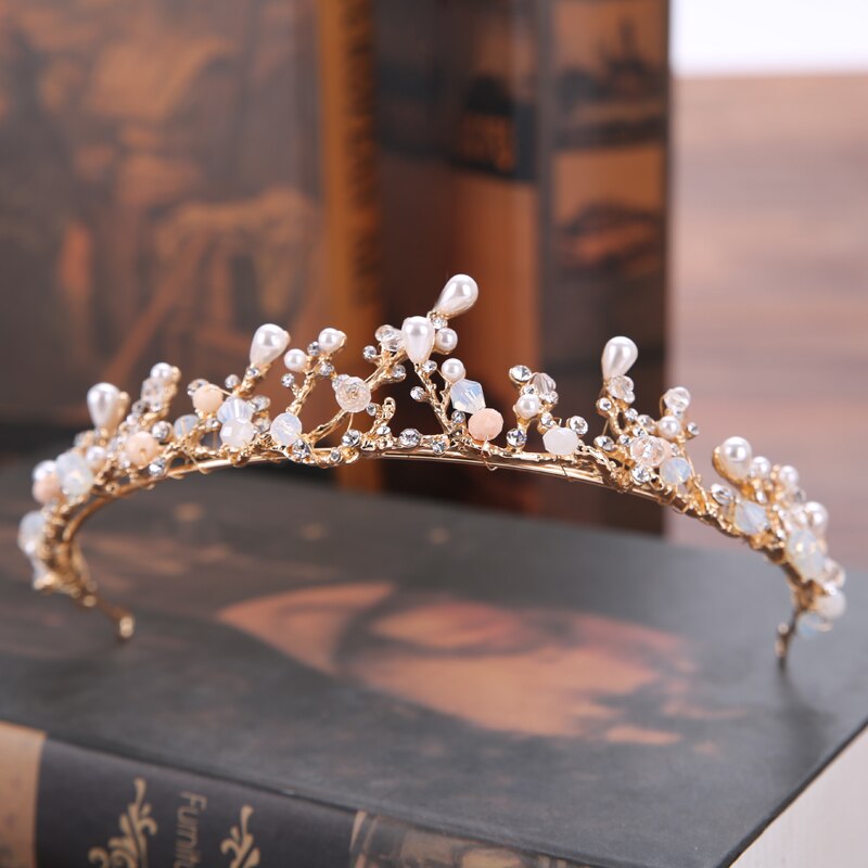 Vintage Handmade Gold Crown Bridal Headdress Pearl Rhinestone Wedding Princess Crown Bridal Hair Accessories Jewelry Accessories