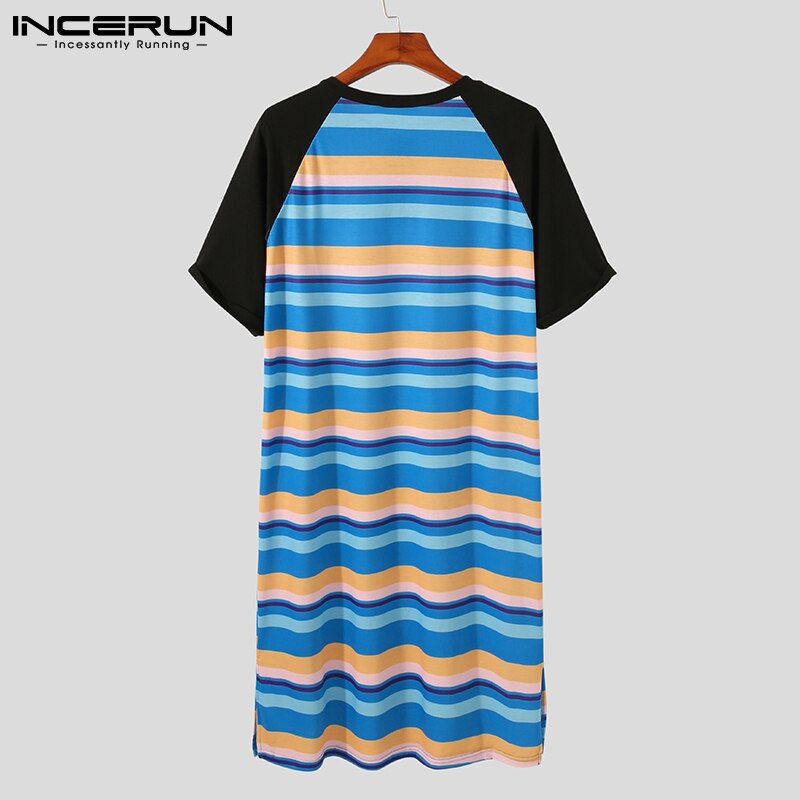 Men Robes Striped Patchwork O Neck Short Sleeve Leisure Bathrobe Homewear Nightgown Loose Cozy Men Loungewear S-5XL INCERUN