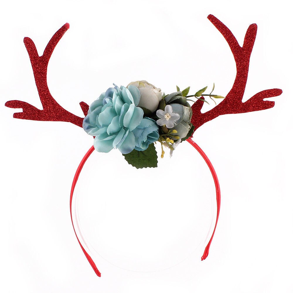 Diadema navideña para niña y mujer, disfraz cuernos de ciervo y flores, diadema para orejas, diadema para , vacaciones, novedad de Navidad: Azul