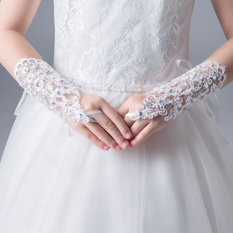 Guantes de Boda sin dedos, rojos y blancos, encaje con cuentas para accesorios de boda para novia puesta en escena