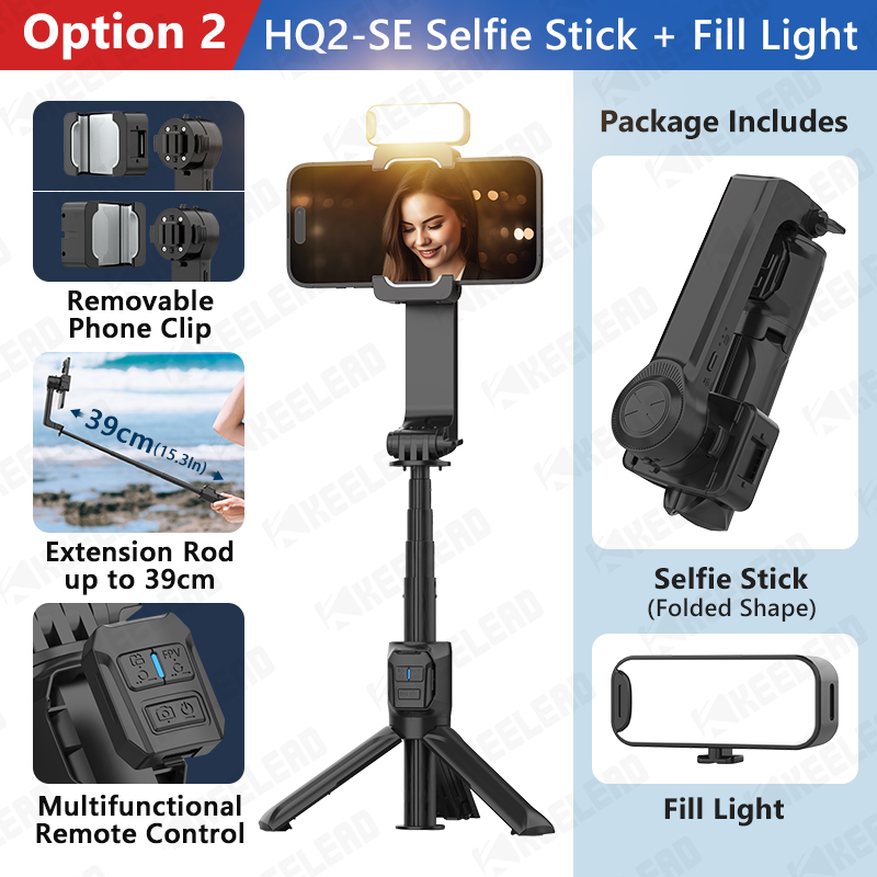 Hq2- se selfie-stang stativ mobiltelefon stabilisator stativ til mobiltelefon med genopladelig fjernbetjening til actionkameraoptagelse: Sort