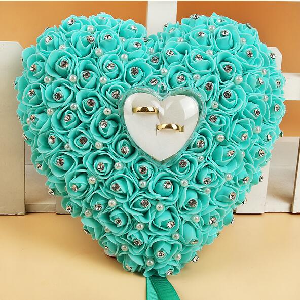 Rose Wedding Ring Kussen met Ring Box Trouwring Houder Toonder Doos Hartvorm Rhinestione Voor Bruiloft Decoratie: tiffany blue