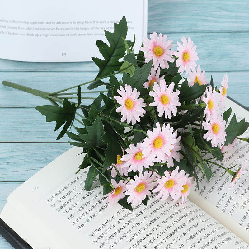 Ramo de margaritas blancas, flores artificiales con hojas artificiales, decoración para sala de estar y boda, decoración del hogar: pink