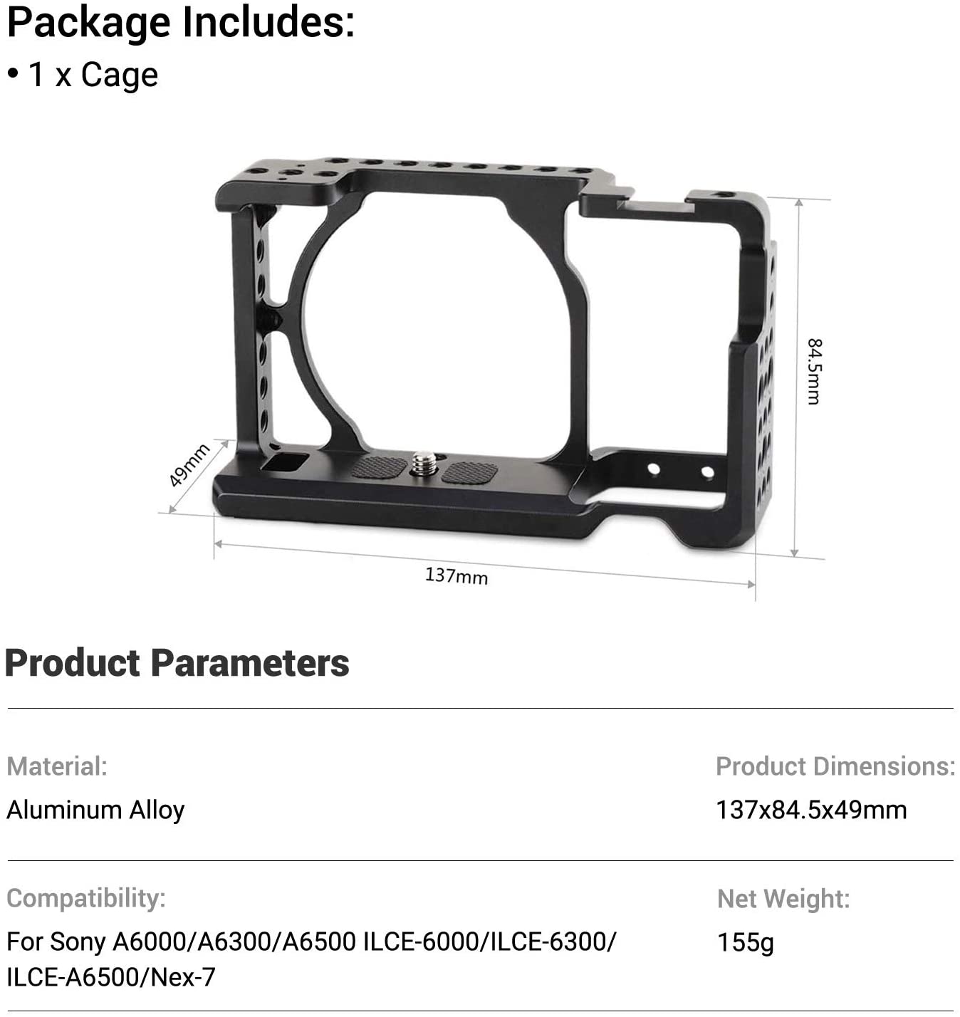 Smallrig Sony Alpha Dslr Camera Kooi Voor Sony A6000/A6300/A6500 / Nex-7 Sony Camera Rig W/shoe Mount Voor Microfoon 1661