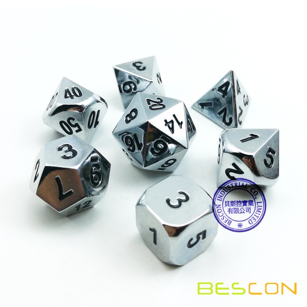 Bescon super skinnende blank sølv metal 7 stk polyhedral terningssæt, krom metal rpg spil terninger 7 stk sæt