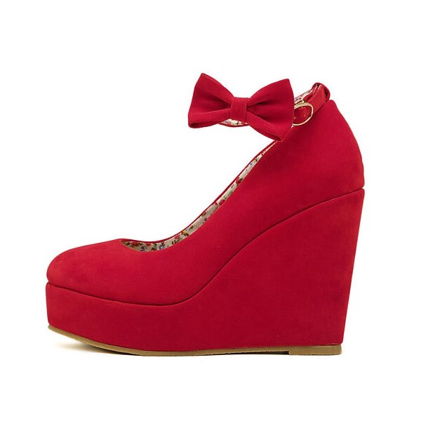 Kvinder høje hæle sko spænde kiler dame platform spænde bowtie pumps til kvinde plus størrelse bryllup sko: Rød / 41