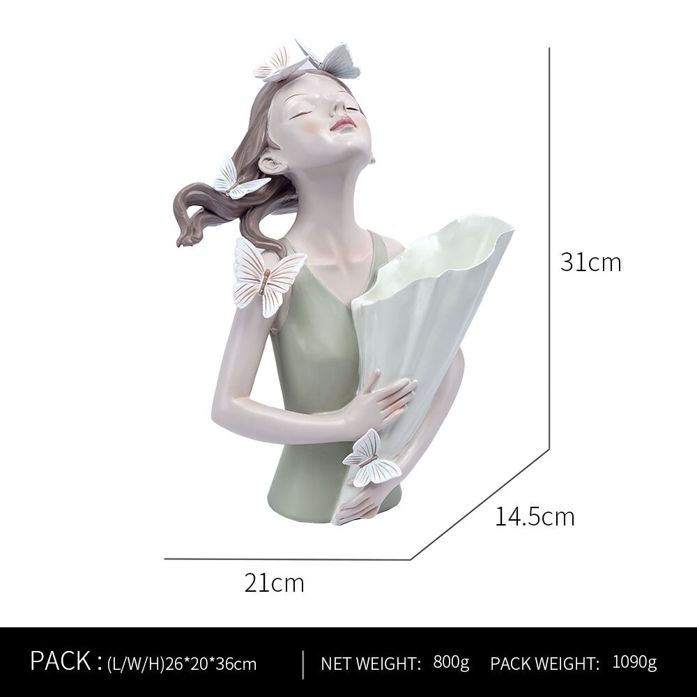 Kreatywna skandynawska moda motyl dziewczyna trzyma kwiat kwiat z żywicy kwiatek doniczkowy układ wazon suszony kwiat kwiat sztuka miękki deco: zielone światło