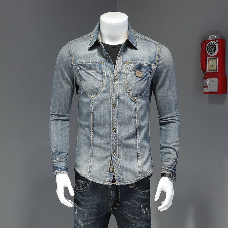Denim Shirt Long Sleeve Men Casual Cotton Jeans Shirts Slim Fit Mens Solid Pocket Tops