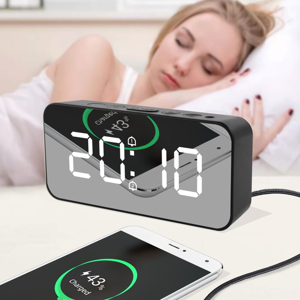 Vækkeur led digital stor tid temperatur display spejl snooze bordur aaa power elektronisk automatisk baggrundsbelysning ure