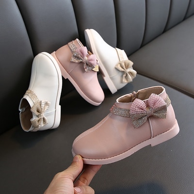 Kinderen Schoenen PU Leer Platte Laarzen Boog Knoop Kids Meisjes Prinses Enkel Zip Laarzen Casual Meisje Peuter Lederen Korte Laarzen schoenen