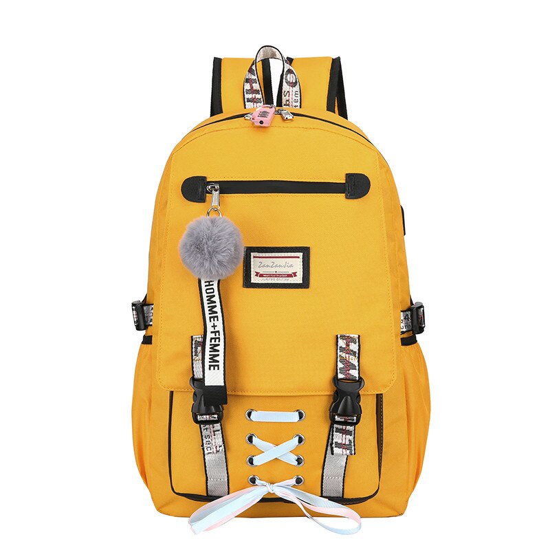 Large school backpacks for teenage girls usb with lock Anti theft bags big High School bag youth Leisure College women Book bag: yellow