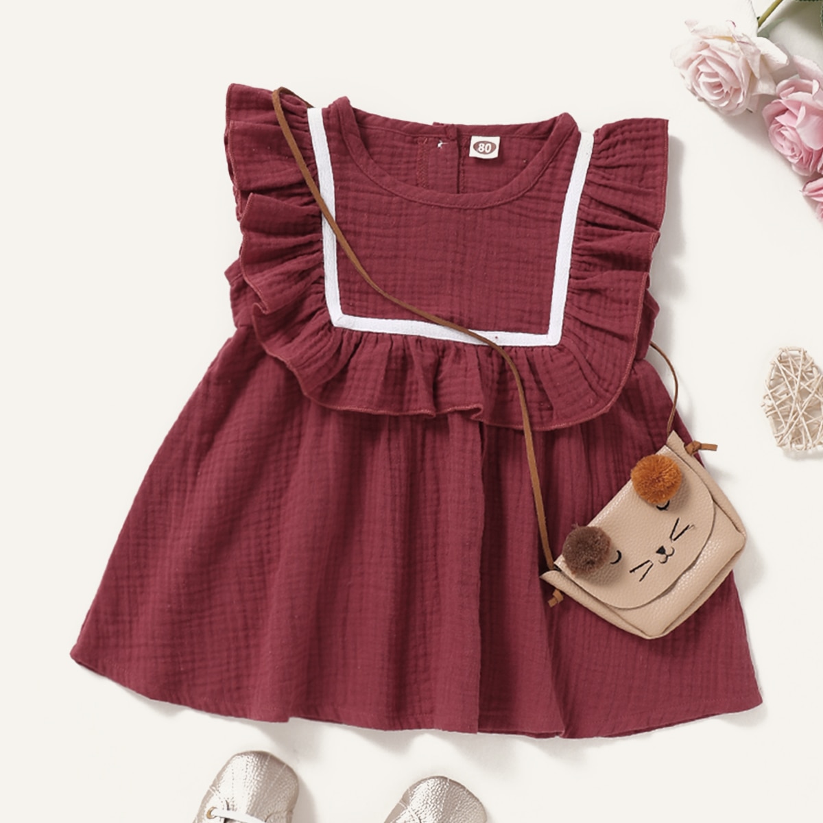 Ropa de verano para niña, traje sin mangas con volantes, liso, rojo vino, chaleco, , 18 meses