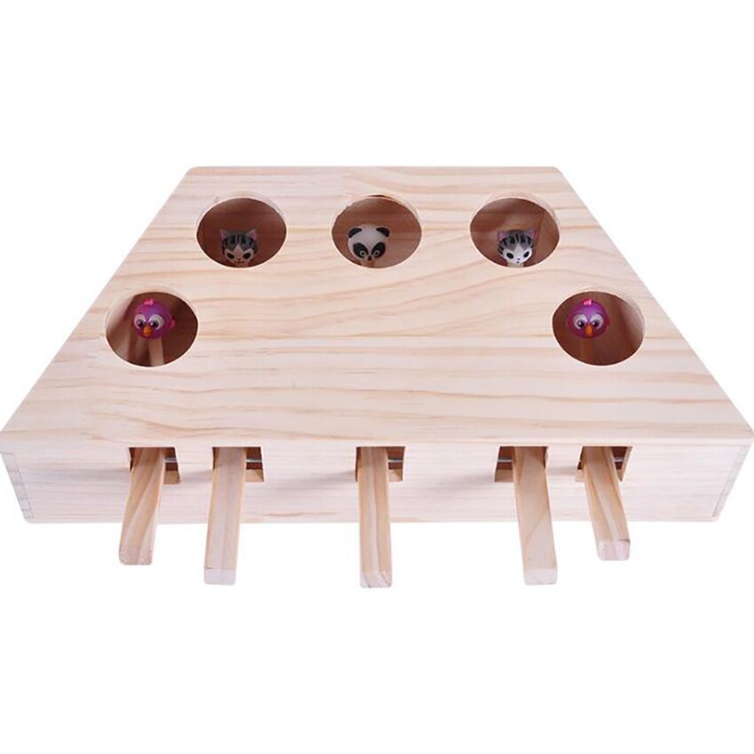 Cat Interactive Toys Whack Mole Mouse Exercise Toy Solid Wood Puzzle Box with 3/5 Cartoon Animals Hunt Toy for Pet Cat Kitten