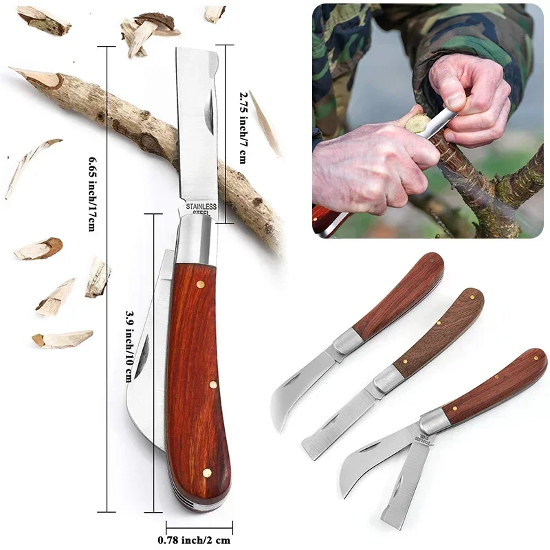 Folding Grafting Knife Grafting Tools Grafting Pruning Knife Garden Fruit Tree Grafting Cutter Wooden Handle Knife
