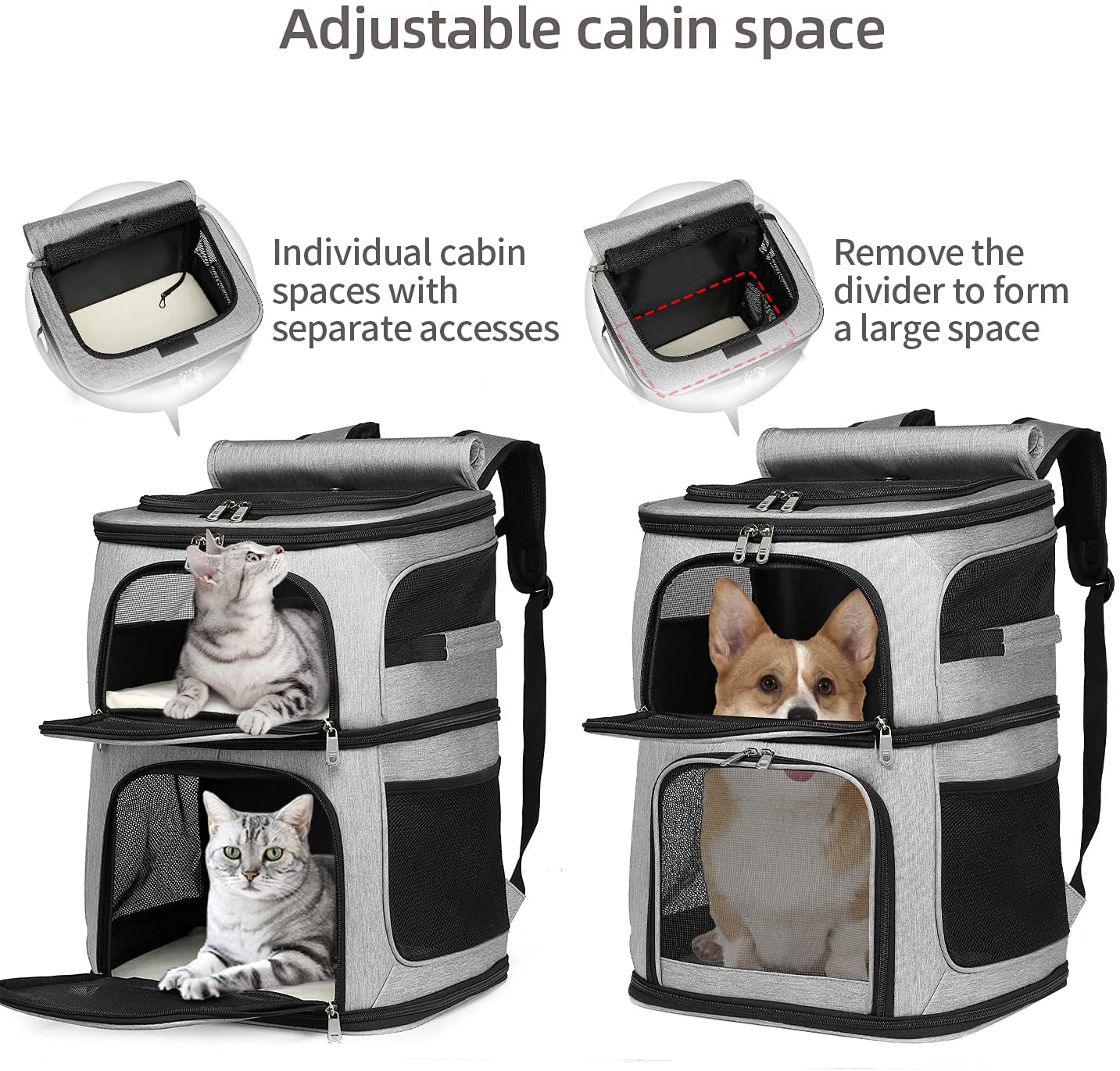 Sac à dos de transport pour chat, Double couche, amovible pour 2 chats, pour petits et moyens chiens, sac de voyage respirant pour animaux de compagnie
