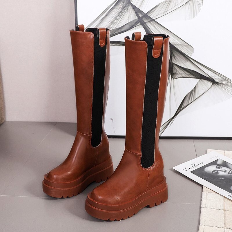 Platform kvinder lange støvler læder afslappet lynlås støvler chunky hæl knæhøje botas mujer dame chaussure femme