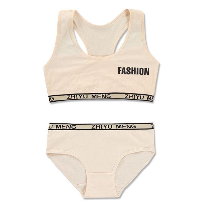 Training Bra Set for Student Puberty Vest Brassiere Bras Teenagers Young Girls Underwear Sets 8-14 Years: Beige