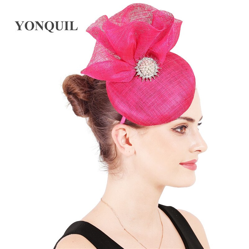 4-Layer sinamay wedding party headpiece with flowers bride wedding headwear women occasion banquet lady fascinators hat: hot pink