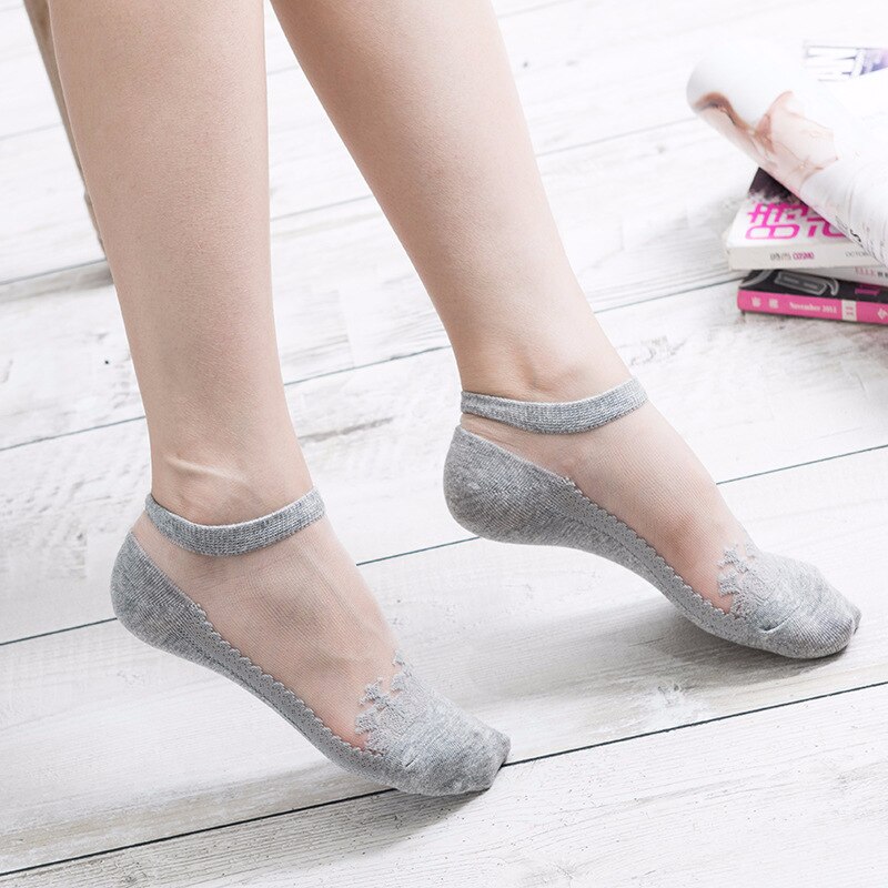 Japanse Harajuku Jacquard Transparant Kristal Zijden Sokken Vrouwen Sokken Dunne Onzichtbare Nylon Boot Sokken