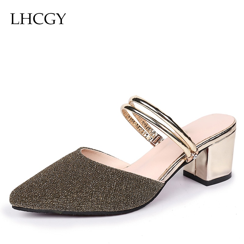 Plus Size 35-43 Summer Women Slippers Pointed Toe Woman Sandals High Heels Slippers Square Heeled Silver Slides Outside 6571