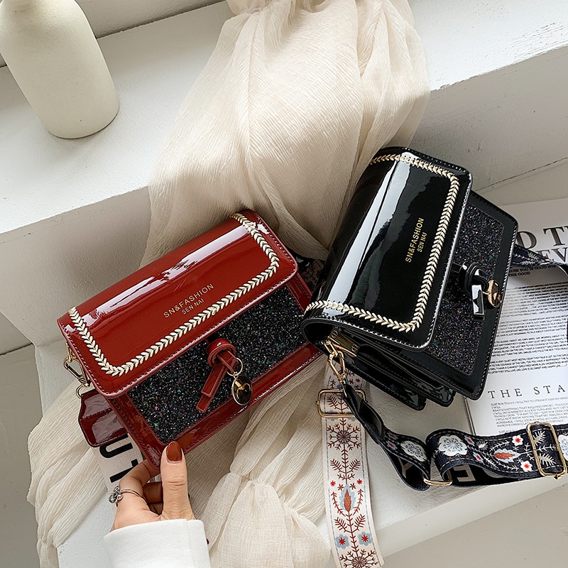 Damväska bred axelrem axelväska messenger bag casual dam crossbody-väska glänsande flik dam handväskor handväska