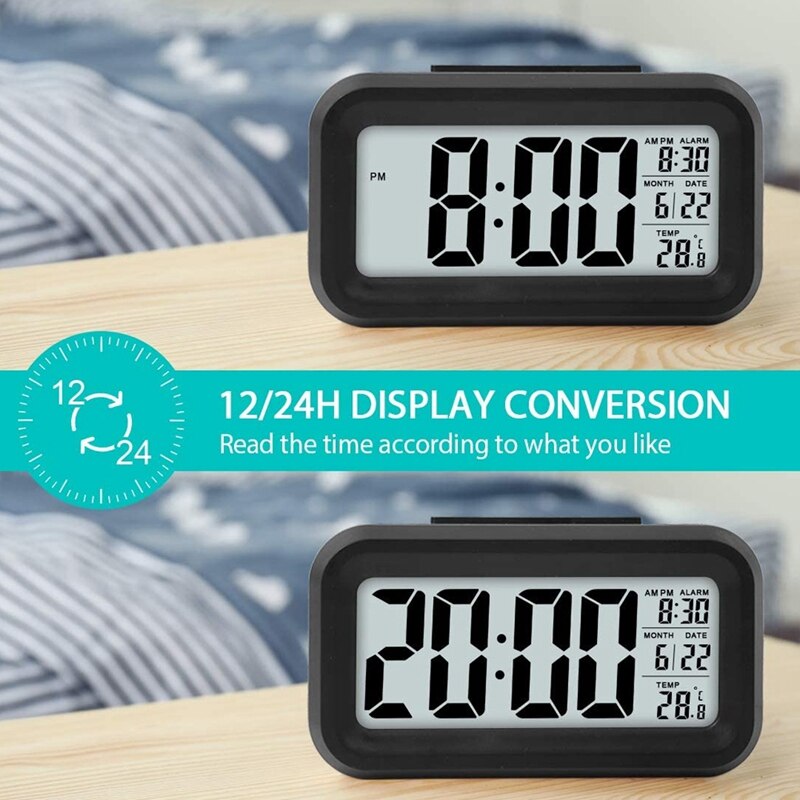 LED Display Digital Alarm Clock Snooze Battery Clock with Date Calendar Temperature for Bedroom Home Office Travel