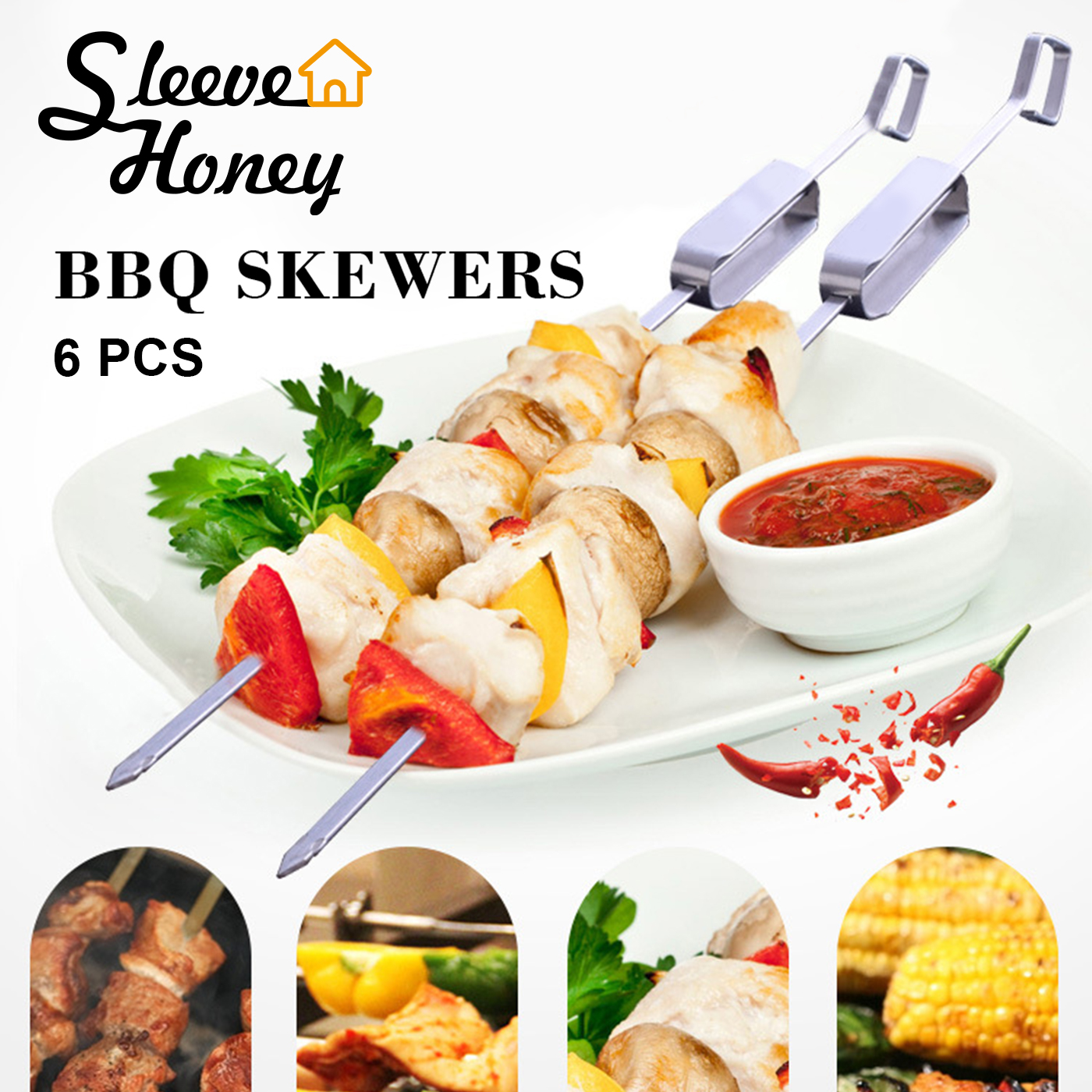 Brochetas reutilizables de acero inoxidable para barbacoa, pinchos para barbacoa, Kebab, palo de acero para acampar, utensilios de cocina, accesorios para carne, herramienta de 6 piezas