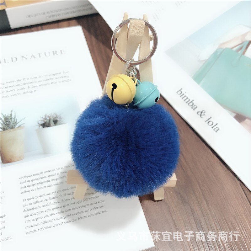 -love 8cm faux rex kanin pom-pom nøglering tiy kontrast farve klokke par taske tilbehør sydkorea små smykker tilbehør: Blå