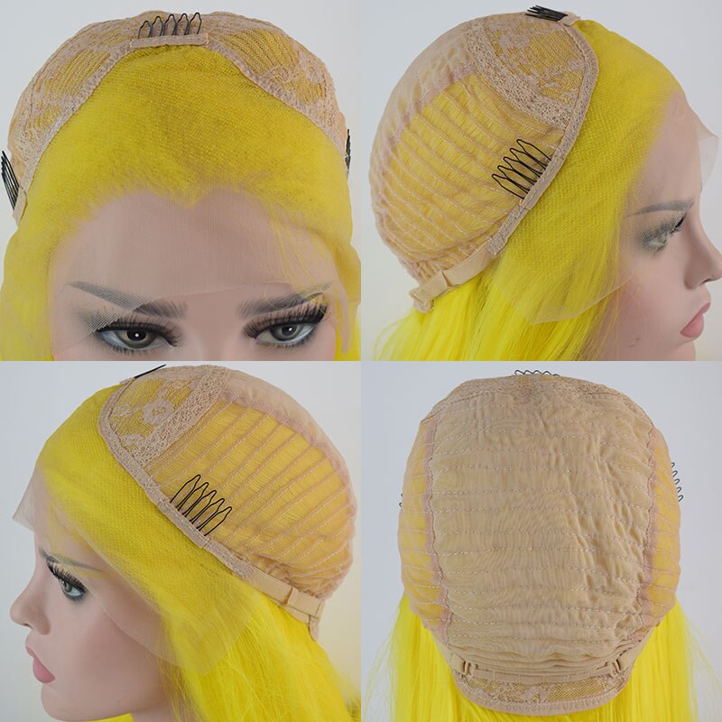 Bombshell gul 13*3 syntetiske blonder front paryk naturlig lige hårgrænse klistermærke varmebestandig fiber, dame paryk