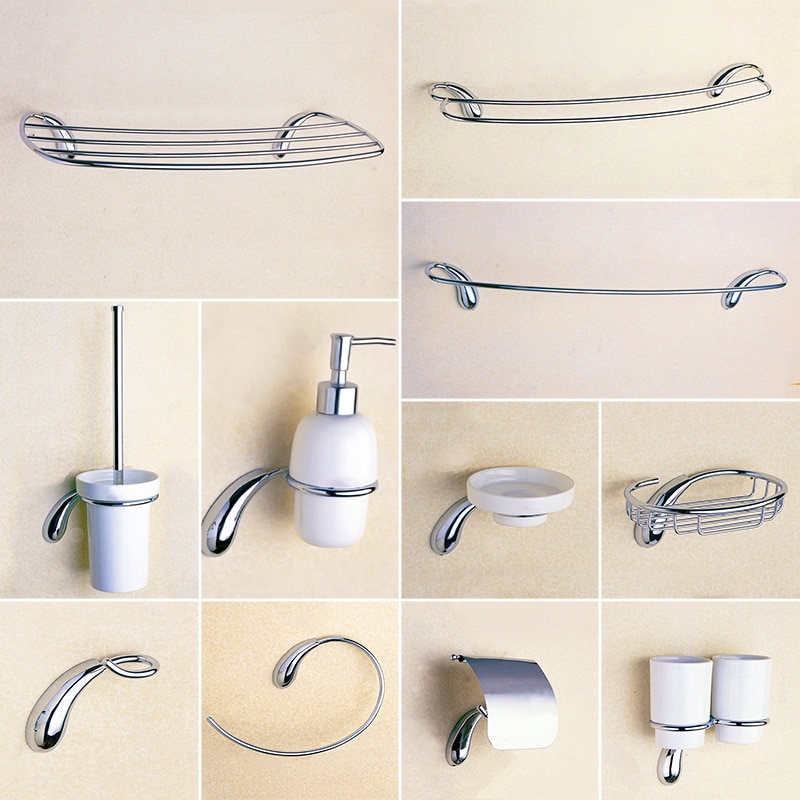 Krom badeværelse hardware sæt messing bruser sæbedispenser håndklæde ring bar morgenkåbe kroge bøjle vægmonteret toilet børste papirholder