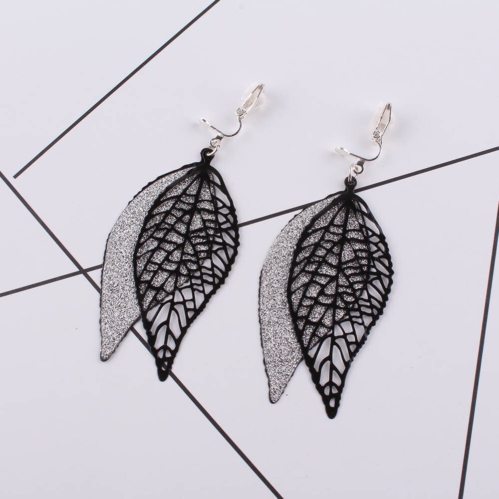 JIOFREE Gold Black Chic Jewelry Leaves Long Clip on Earrings Ear Wire Hooks For Women MultiLayer Hollow Earrings