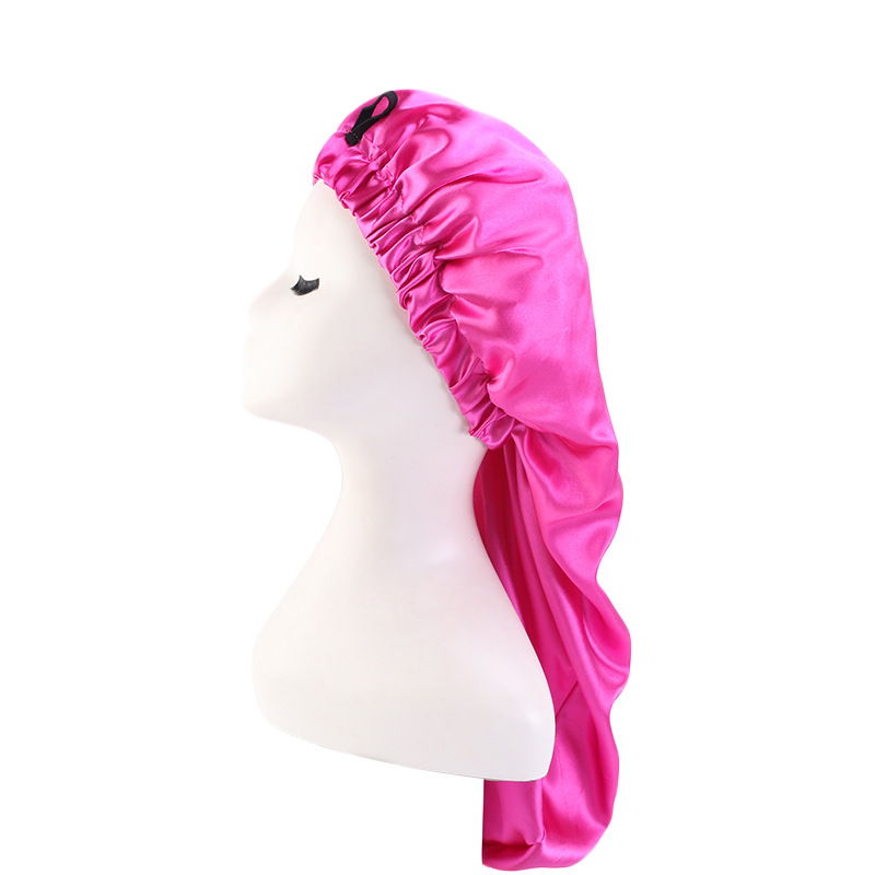 Lang satenghatt sovehette silke sovehette med bred strikk løs nattlue for kvinner fletter krøllete hår naturlig hår