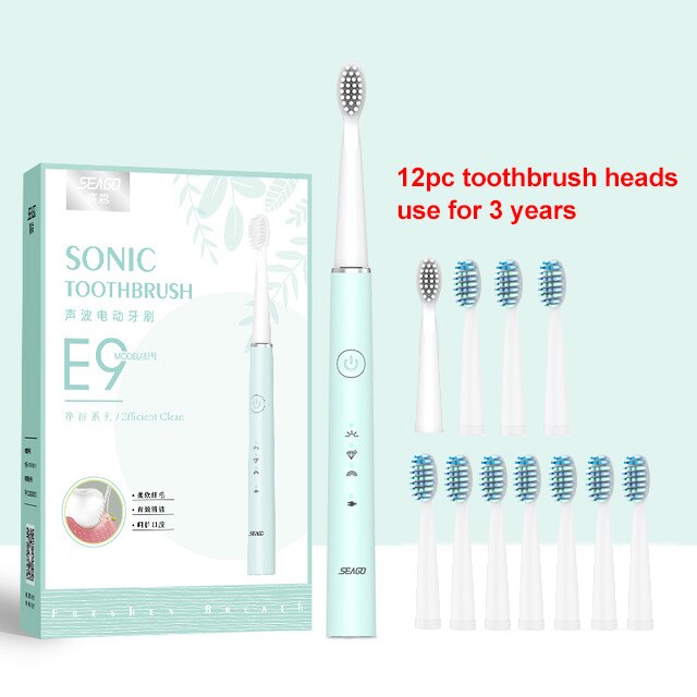 Seago Electric Toothbrush USB Rechargeable Sonic Tooth Brush for Female and Girl with 3 soft Brush heads box: Green with12pc heads