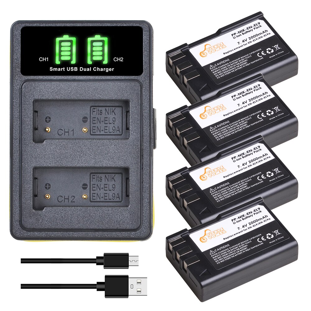 3 stuks 2000 mah en -el9 en-el9a en  el9 batterij + type-c led-laderkits voor nikon en -el9a d40 d60 d40x d5000 d3000 camera: Oplader en 4 accu's