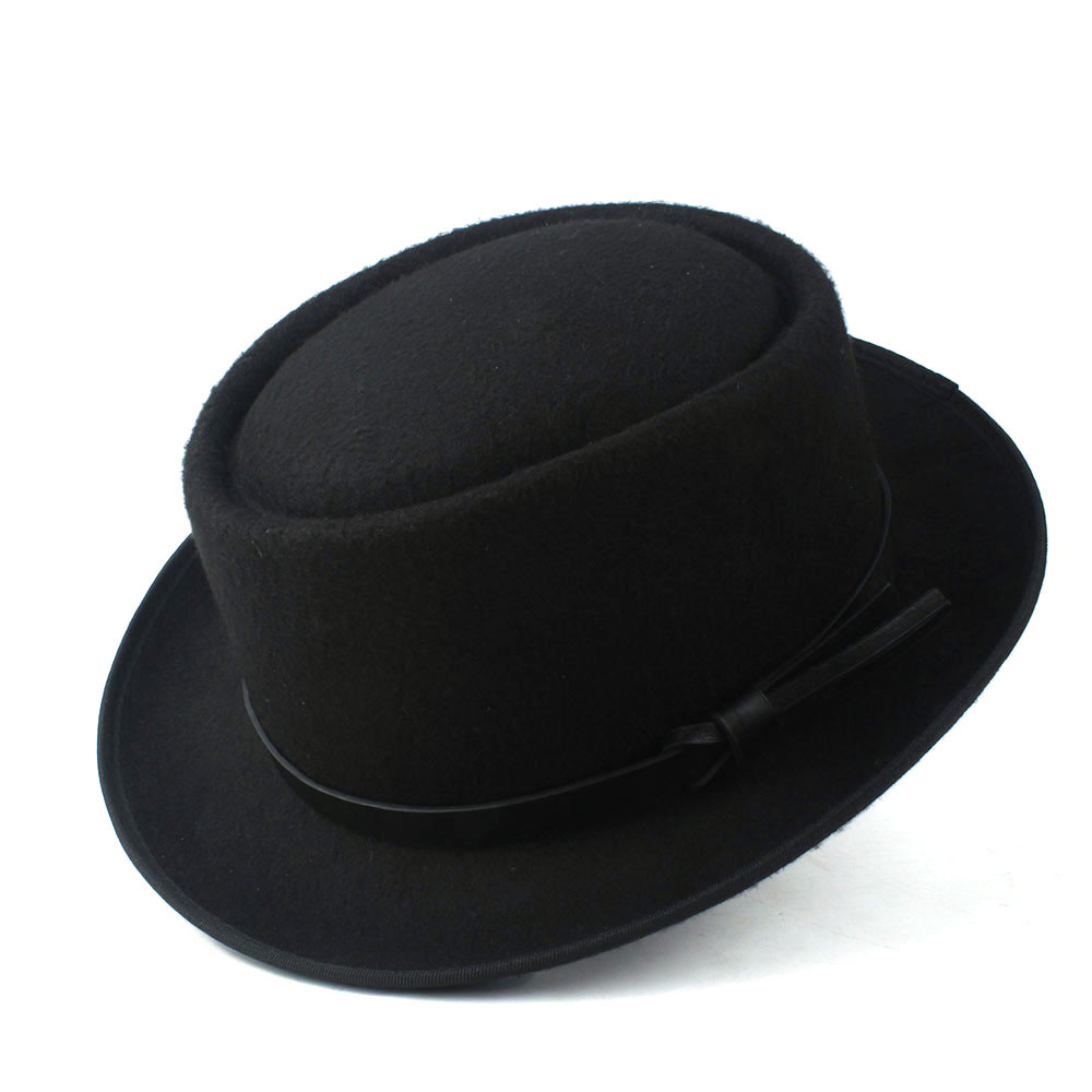Mode vrouwen Fedora Hoed met Pork Pie Hoed voor Dame Kerk Wolvilt Hoed Kerk Trilby Tovenaar Platte Hoed maat 58cm: Black