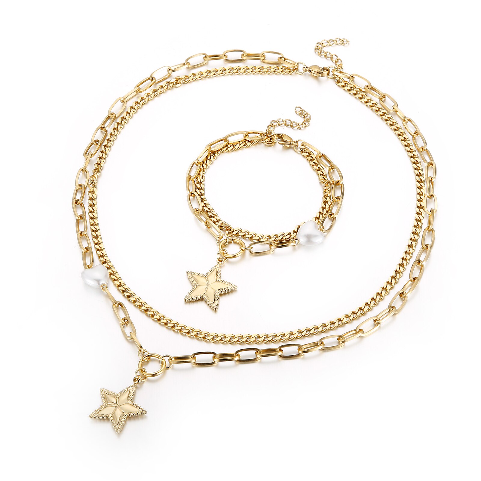 Kalen Dubbele Ketting Parel Ster Meisje Bedelarmband Dubbele Laag Goud Figaro Collier Voor Vrouwen Gouden Cubaanse Ketting: Gold