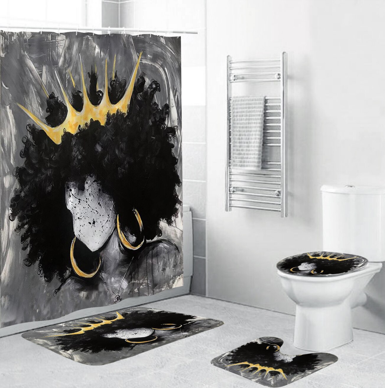 Set di tende da doccia con stampa donna africana nobile Sexy Afro American Lady decorazioni per il bagno con tappeto antiscivolo coperchio del coperchio del water tappetino da bagno: B 4PCS