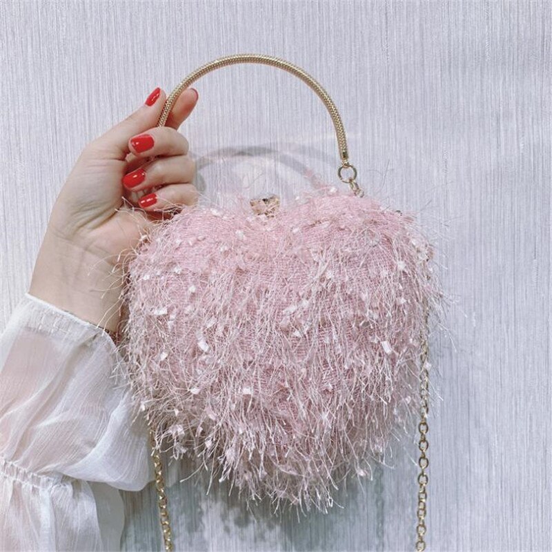 Lovely heart shaped evening clutch bags tassel wedding banquet purse for ladies party dinner wallets: Pink