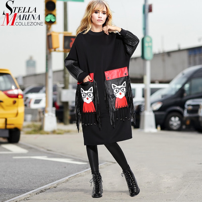 invierno mujer estilo vestido negro vestido de talla grande Midi de manga larga de dibujos animados de bolsillo flecos señoras lindo vestido grande traje 3084