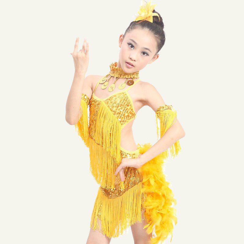 Sequin frange bleu rose rouge Salsa robe enfant filles enfants gland Latin robes filles Latin danse Costumes