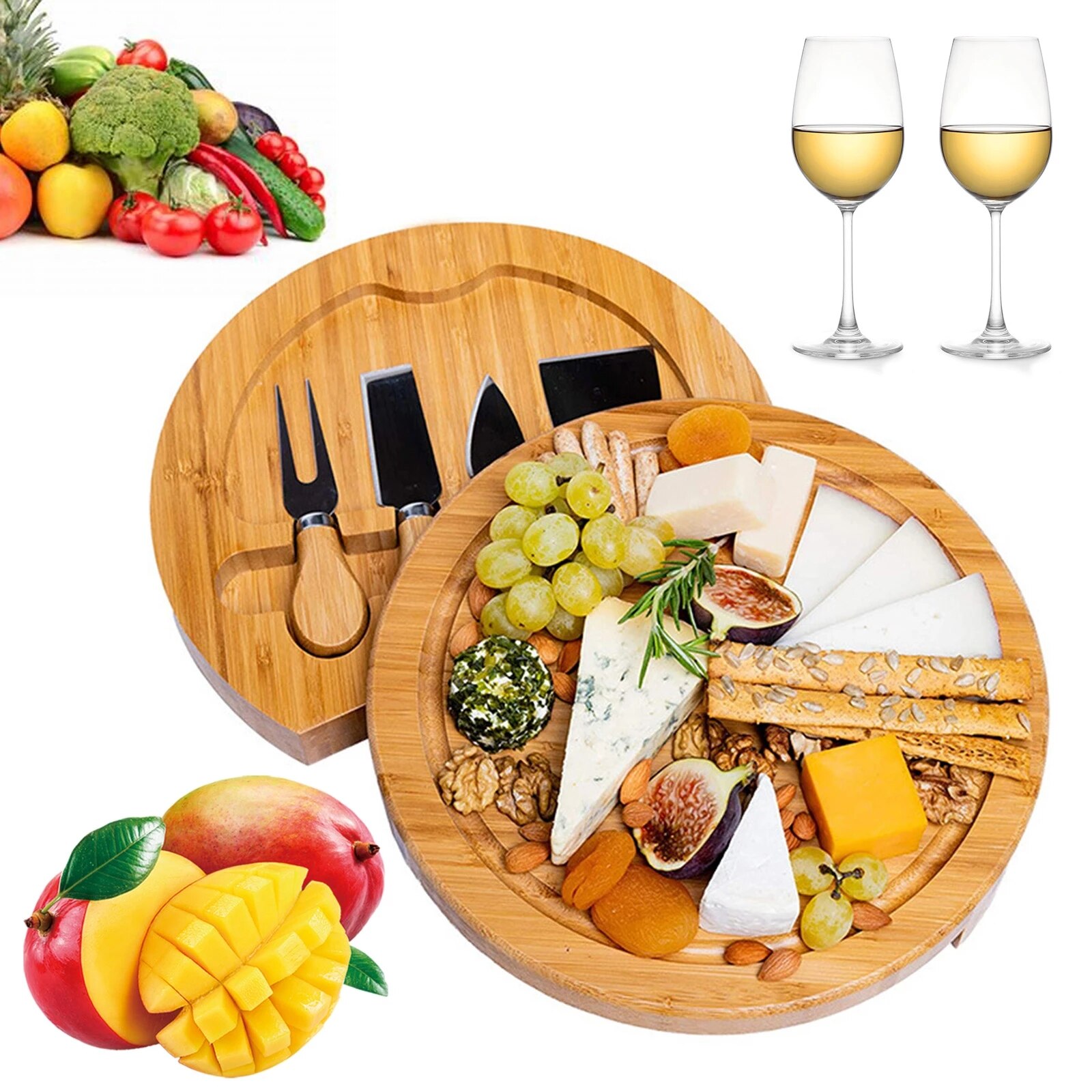 Wooden 10" Bamboo Cheese Board Set Round Cheese Platter Serving Platter Serving Board Charcuterie Platter Cheese Knife Set 원목판