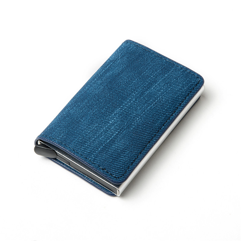 Bisi Goro Anti-Diefstal Clutch Enkele Doos Mannen Vrouwen Portemonnee Rfid Blocking Kaarthouder Denim Business Pop-Up Metalen Id Case: YM003 Blue