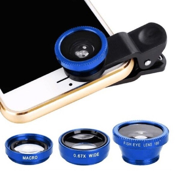 Universal Clip 3 in 1 HD Fish Eye Camera macro Wide Angle Phone Lens For iPhone 7 8 6 6s Plus X For Samsung Xiaomi redmi Huawei: Blue