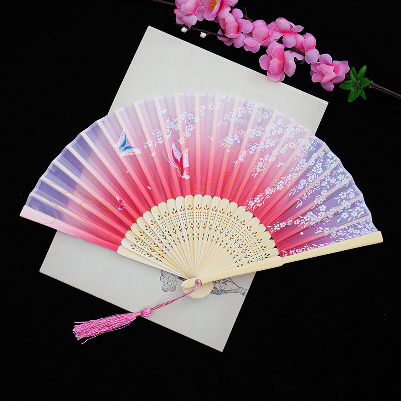 1 st bärbar handfällbar fläkt kinesisk stil dansrekvisita retro fläkt kvinna män bambu trä sidenblomma fällbar fläkt: Plommon