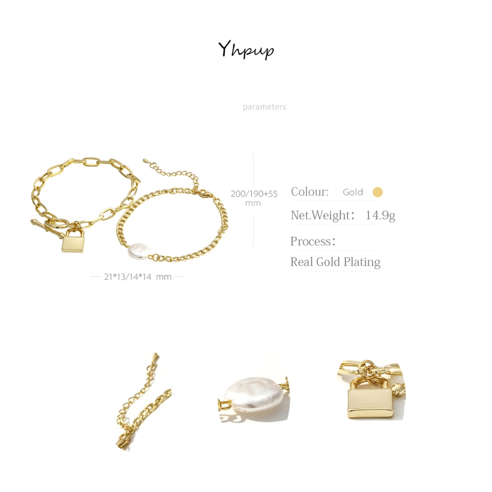 Yhpup Combination Bracelet Trendy Gold Imitation Pearls Bangle 2PCS Girlfriend Lovers Jewelry Accessories for Female Office 16 K