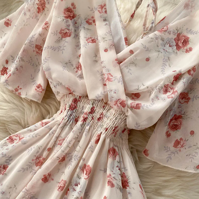 Kwiatowe nadruki retro wzburzyć szyfonowa elegancka spódniczka midi-linia V szyja plaża sukienka na wakacje kobiety koreańnarty moda lato Vestidos