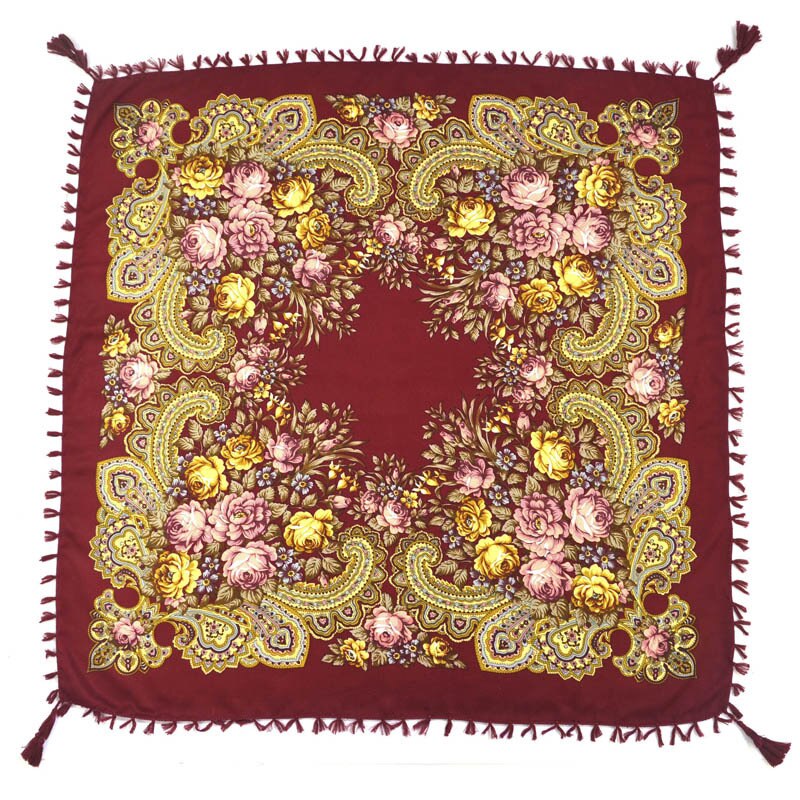90*90cm châles russes pour femmes, écharpes nationales en coton imprimé, foulards russes rétro à franges, bandanas, pashminas d'hiver pour dames: 13