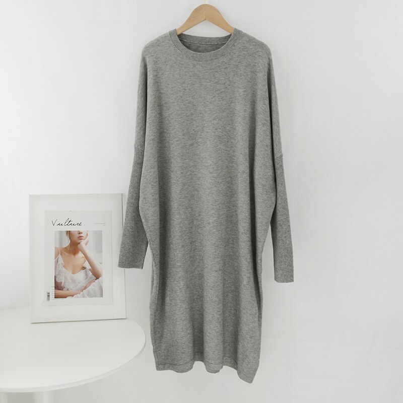 Aachoae lös o hals stickad tröja klänning kvinnor solid batwing långärmade mjuka klänningar hemstil casual midiklänning vestidos: Grå